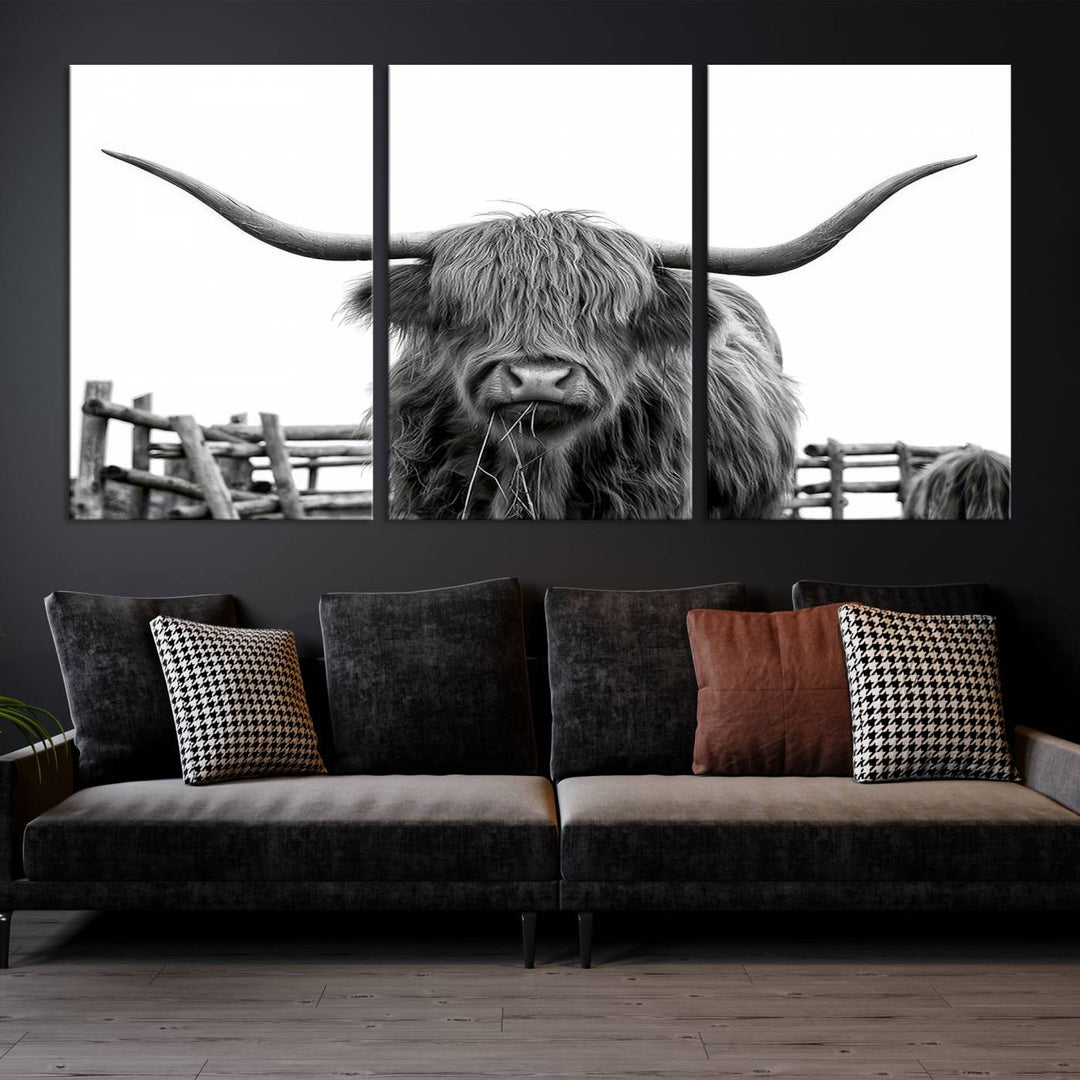 Scottish Highland Cow Wall Art Canvas Print - Black and White Highland Cow Canvas Print, Modern Western Decor for Living Room or Office, Ready to Hang