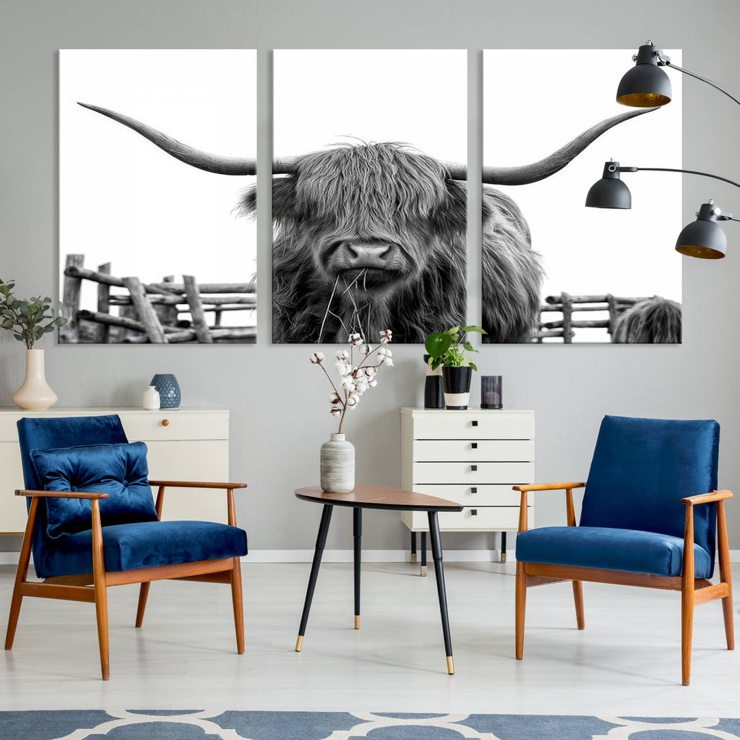 Scottish Highland Cow Wall Art Canvas Print - Black and White Highland Cow Canvas Print, Modern Western Decor for Living Room or Office, Ready to Hang