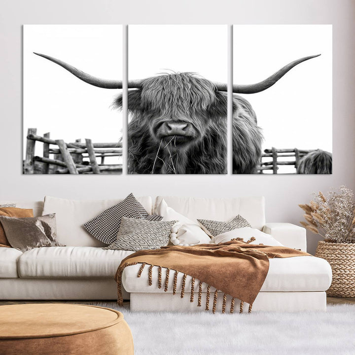 Scottish Highland Cow Wall Art Canvas Print - Black and White Highland Cow Canvas Print, Modern Western Decor for Living Room or Office, Ready to Hang