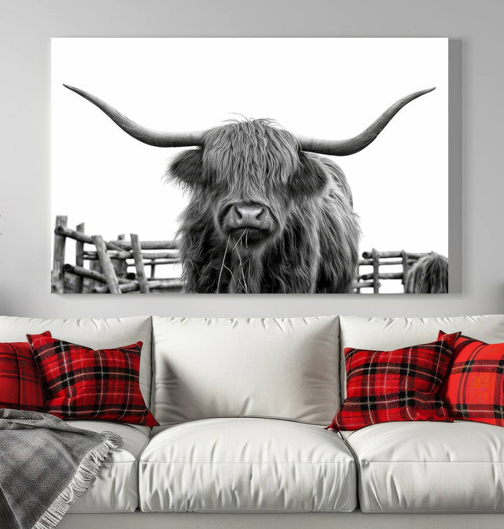 Scottish Highland Cow Wall Art Canvas Print - Black and White Highland Cow Canvas Print, Modern Western Decor for Living Room or Office, Ready to Hang