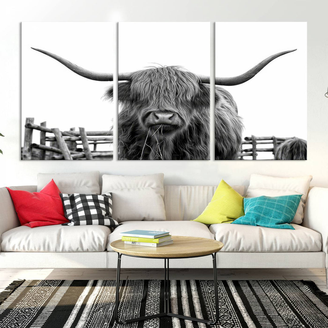 Scottish Highland Cow Wall Art Canvas Print - Black and White Highland Cow Canvas Print, Modern Western Decor for Living Room or Office, Ready to Hang