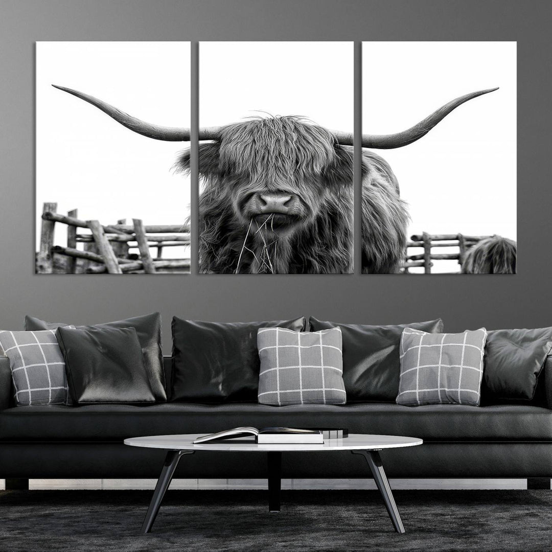 Scottish Highland Cow Wall Art Canvas Print - Black and White Highland Cow Canvas Print, Modern Western Decor for Living Room or Office, Ready to Hang