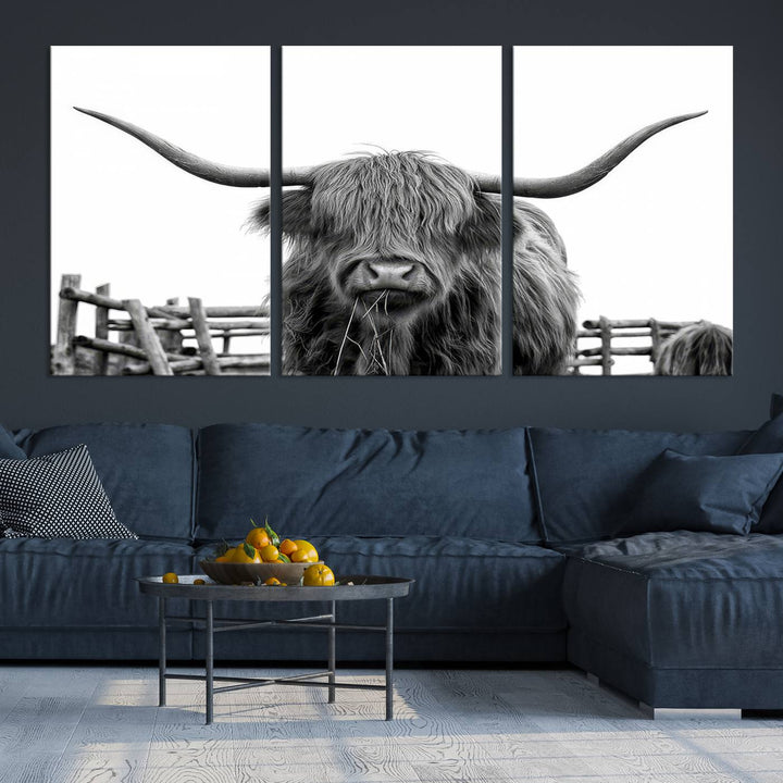 Scottish Highland Cow Wall Art Canvas Print - Black and White Highland Cow Canvas Print, Modern Western Decor for Living Room or Office, Ready to Hang