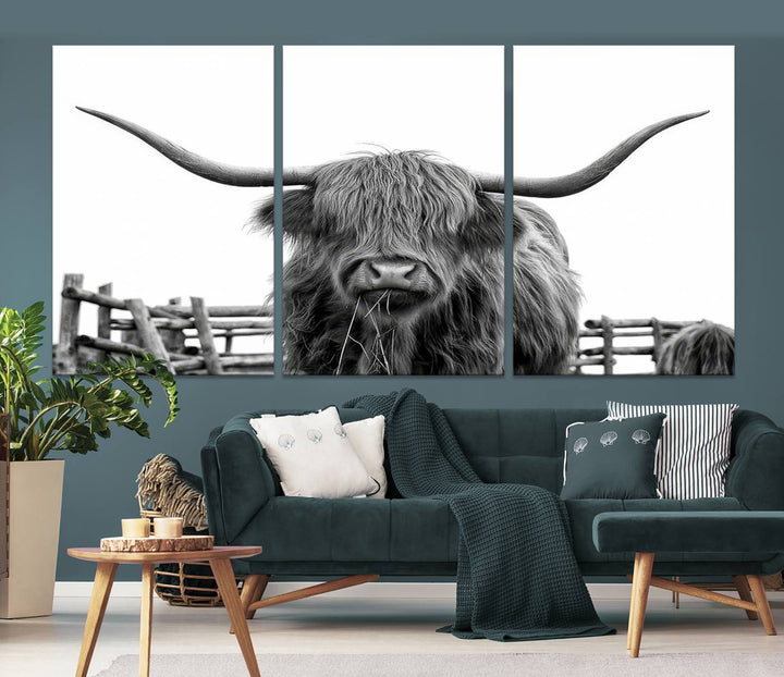 Scottish Highland Cow Wall Art Canvas Print - Black and White Highland Cow Canvas Print, Modern Western Decor for Living Room or Office, Ready to Hang