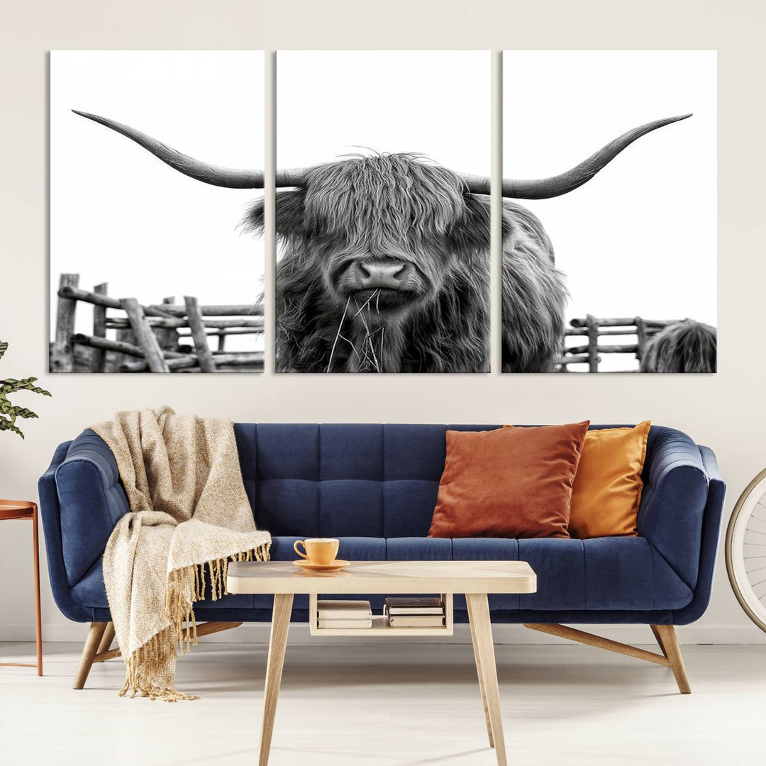 Scottish Highland Cow Wall Art Canvas Print - Black and White Highland Cow Canvas Print, Modern Western Decor for Living Room or Office, Ready to Hang