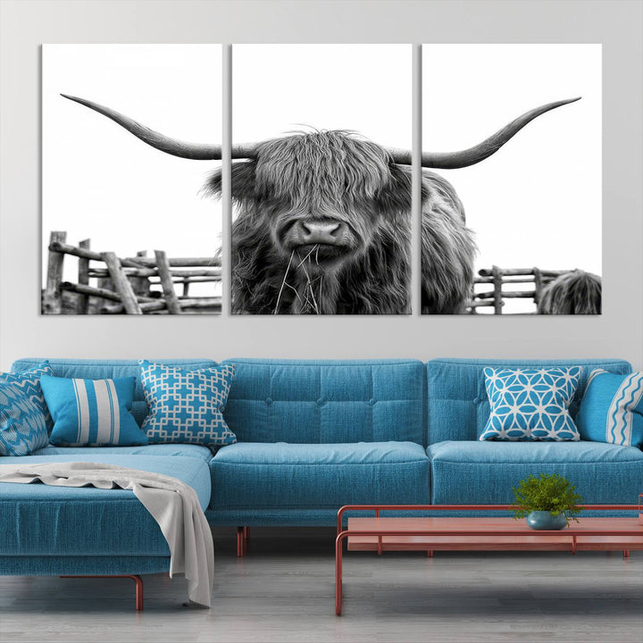 Scottish Highland Cow Wall Art Canvas Print - Black and White Highland Cow Canvas Print, Modern Western Decor for Living Room or Office, Ready to Hang