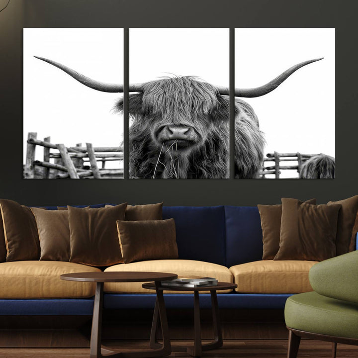 Scottish Highland Cow Wall Art Canvas Print - Black and White Highland Cow Canvas Print, Modern Western Decor for Living Room or Office, Ready to Hang