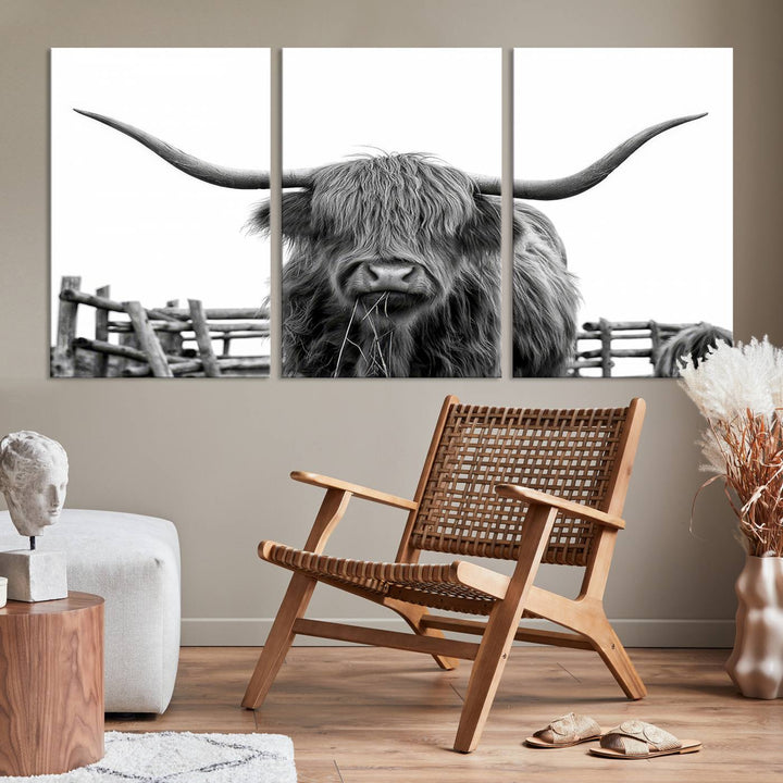 Scottish Highland Cow Wall Art Canvas Print - Black and White Highland Cow Canvas Print, Modern Western Decor for Living Room or Office, Ready to Hang