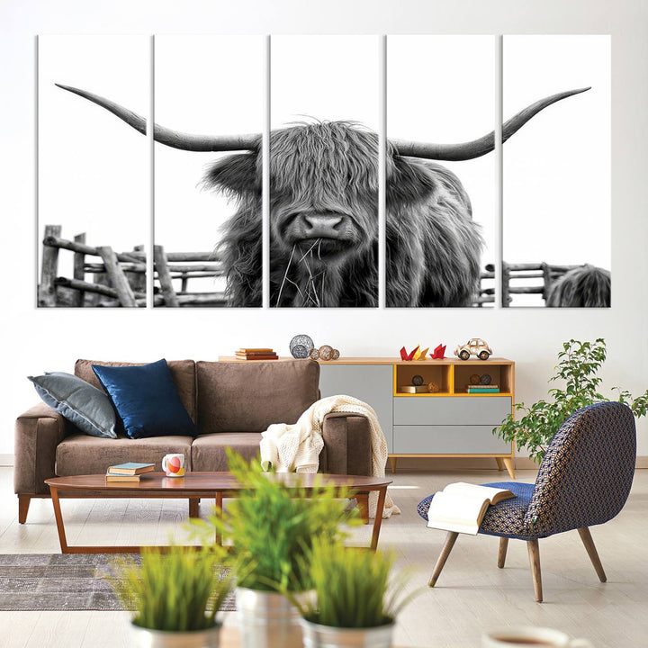 Scottish Highland Cow Wall Art Canvas Print - Black and White Highland Cow Canvas Print, Modern Western Decor for Living Room or Office, Ready to Hang