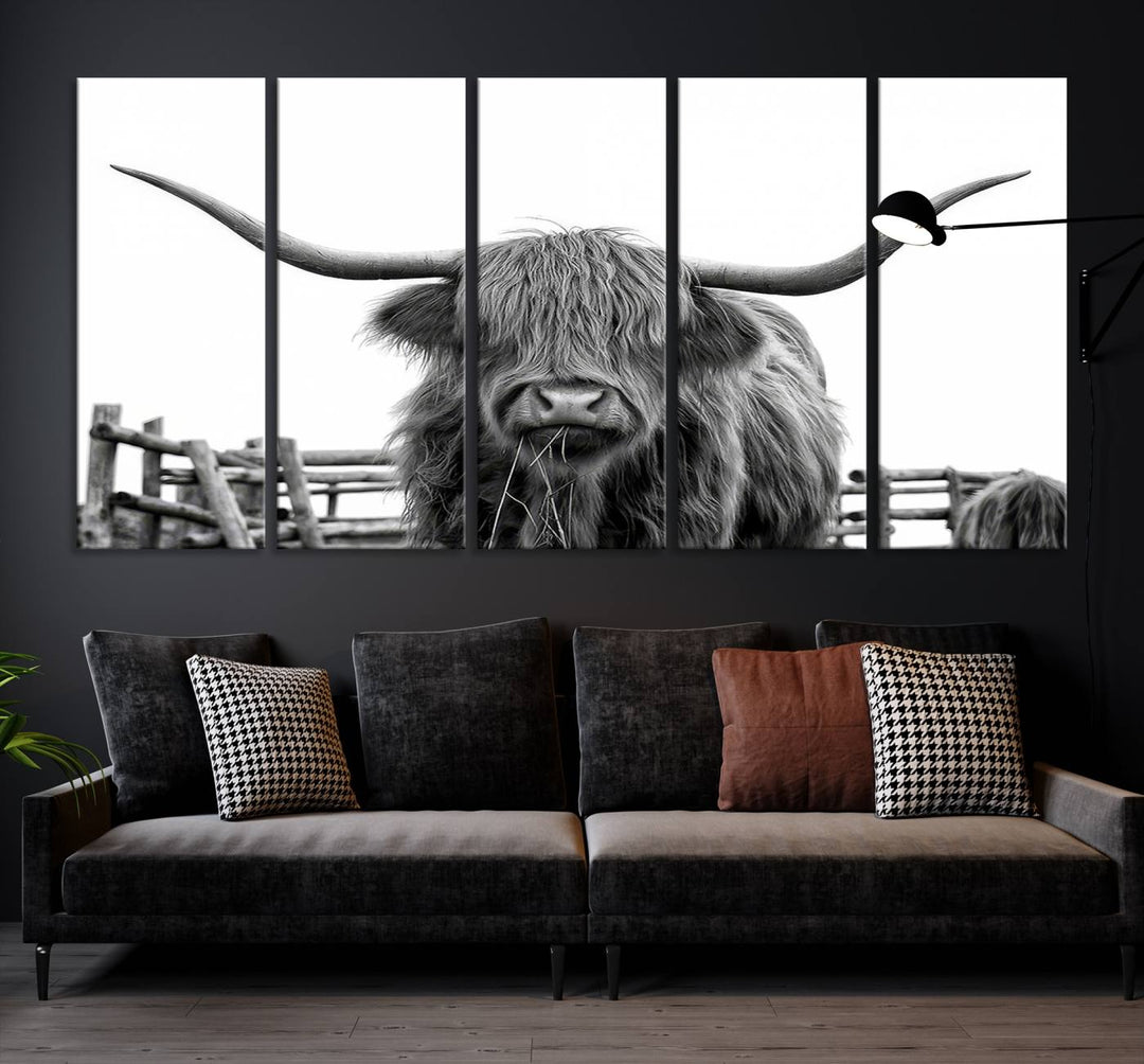 Scottish Highland Cow Wall Art Canvas Print - Black and White Highland Cow Canvas Print, Modern Western Decor for Living Room or Office, Ready to Hang