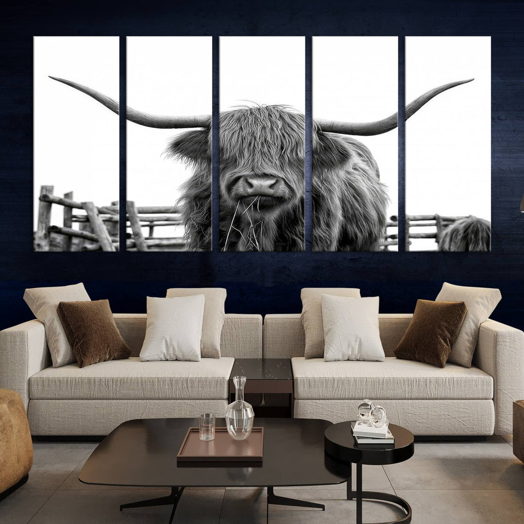 Scottish Highland Cow Wall Art Canvas Print - Black and White Highland Cow Canvas Print, Modern Western Decor for Living Room or Office, Ready to Hang