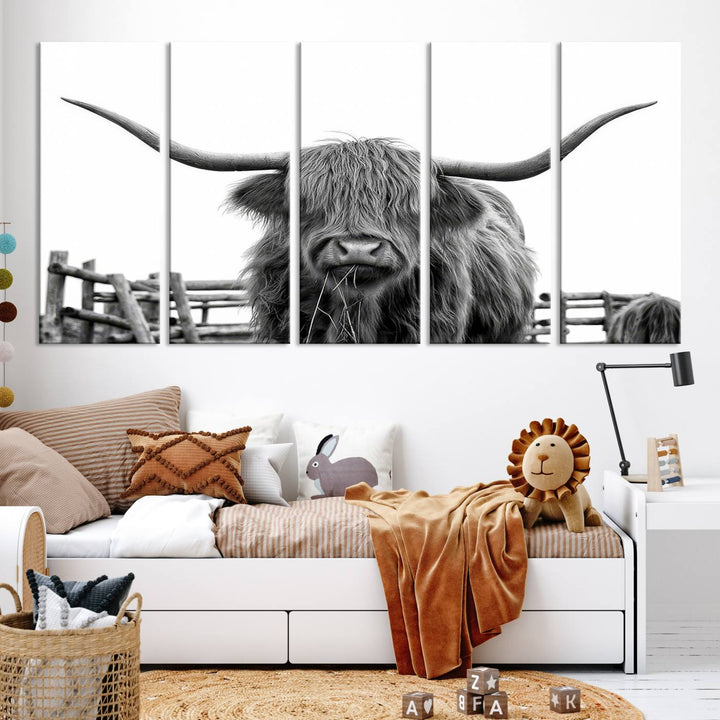 Scottish Highland Cow Wall Art Canvas Print - Black and White Highland Cow Canvas Print, Modern Western Decor for Living Room or Office, Ready to Hang