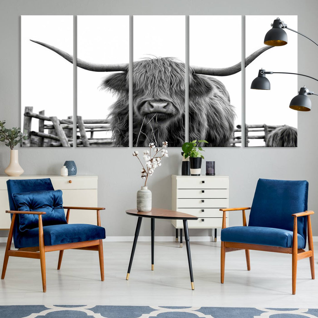 Scottish Highland Cow Wall Art Canvas Print - Black and White Highland Cow Canvas Print, Modern Western Decor for Living Room or Office, Ready to Hang