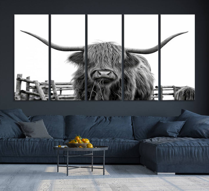 Scottish Highland Cow Wall Art Canvas Print - Black and White Highland Cow Canvas Print, Modern Western Decor for Living Room or Office, Ready to Hang