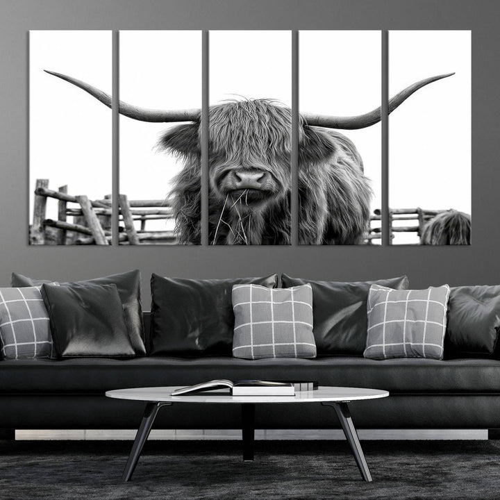 Scottish Highland Cow Wall Art Canvas Print - Black and White Highland Cow Canvas Print, Modern Western Decor for Living Room or Office, Ready to Hang