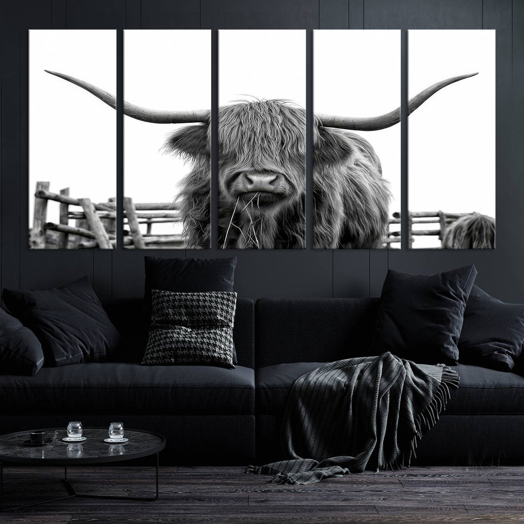 Scottish Highland Cow Wall Art Canvas Print - Black and White Highland Cow Canvas Print, Modern Western Decor for Living Room or Office, Ready to Hang