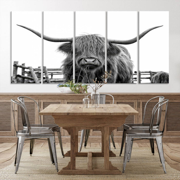 Scottish Highland Cow Wall Art Canvas Print - Black and White Highland Cow Canvas Print, Modern Western Decor for Living Room or Office, Ready to Hang