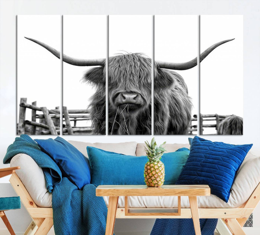 Scottish Highland Cow Wall Art Canvas Print - Black and White Highland Cow Canvas Print, Modern Western Decor for Living Room or Office, Ready to Hang