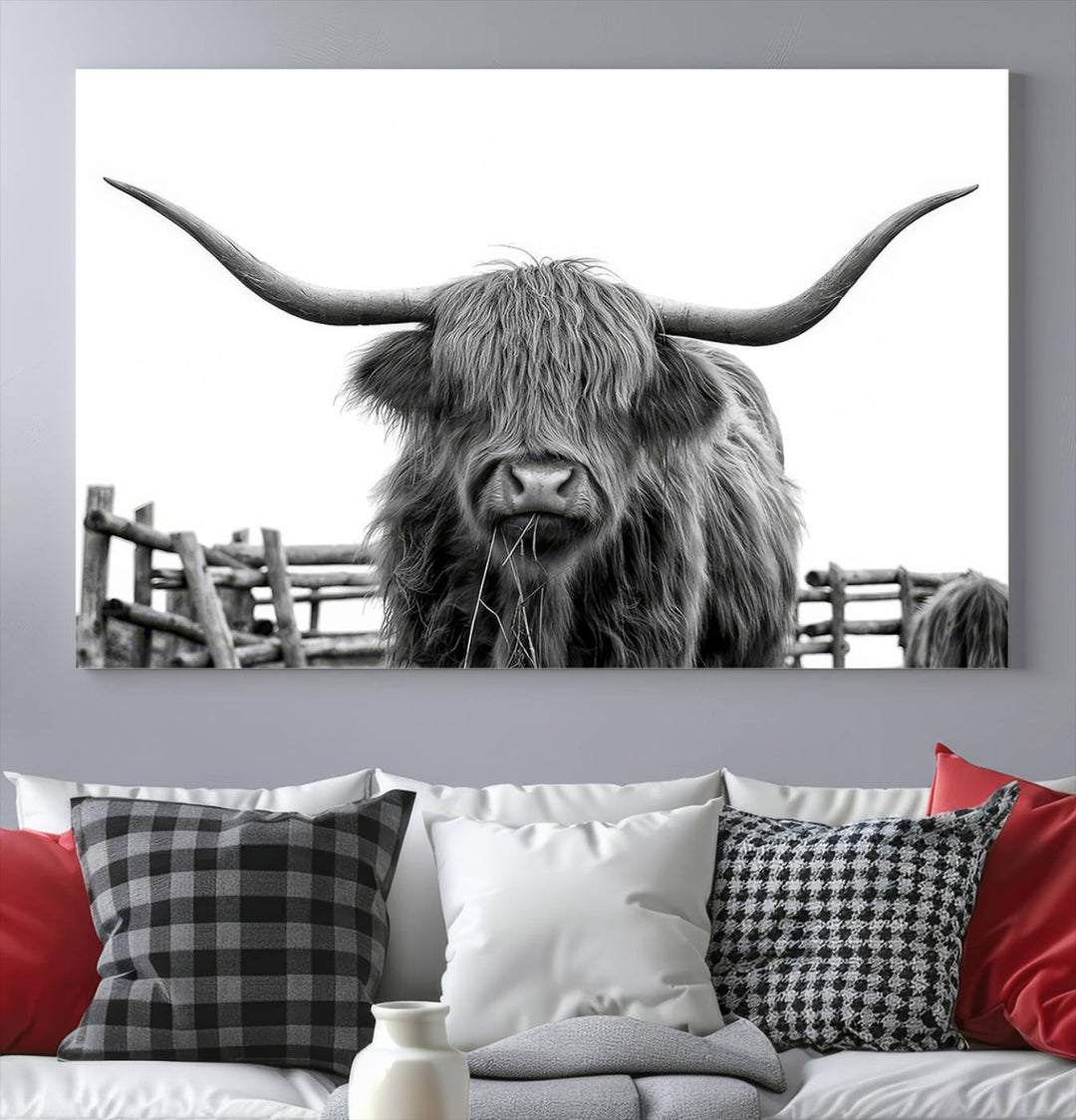 Scottish Highland Cow Wall Art Canvas Print - Black and White Highland Cow Canvas Print, Modern Western Decor for Living Room or Office, Ready to Hang