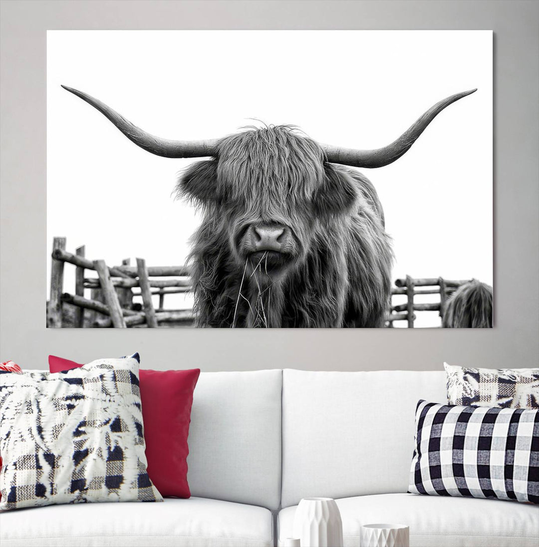 Scottish Highland Cow Wall Art Canvas Print - Black and White Highland Cow Canvas Print, Modern Western Decor for Living Room or Office, Ready to Hang