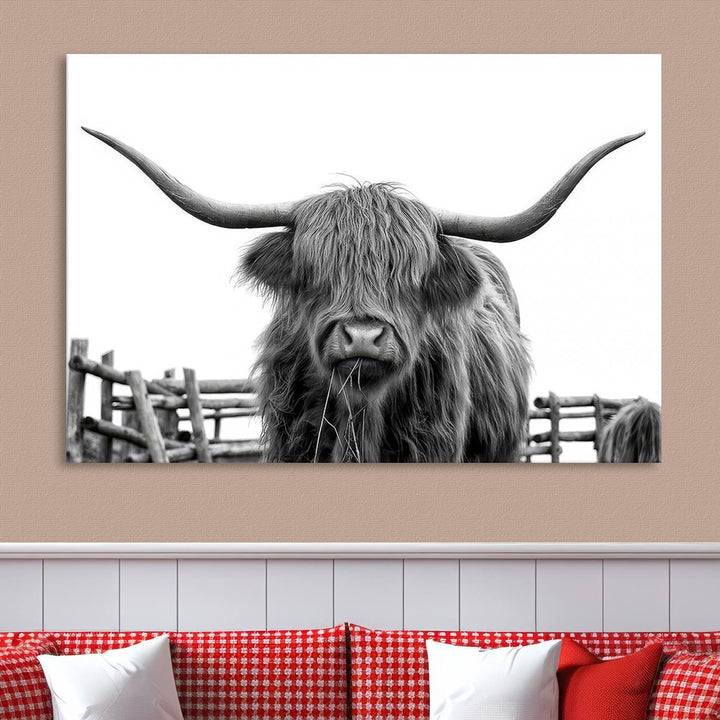 Scottish Highland Cow Wall Art Canvas Print - Black and White Highland Cow Canvas Print, Modern Western Decor for Living Room or Office, Ready to Hang