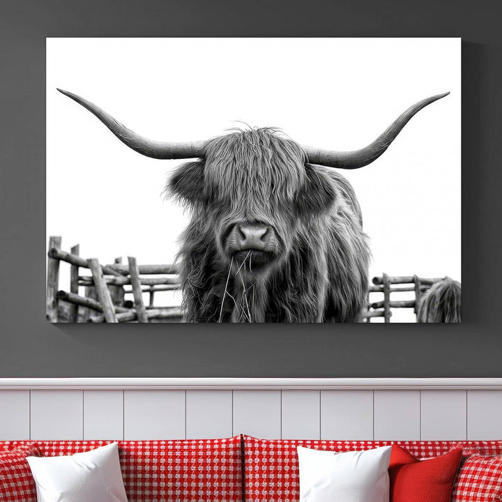 Scottish Highland Cow Wall Art Canvas Print - Black and White Highland Cow Canvas Print, Modern Western Decor for Living Room or Office, Ready to Hang