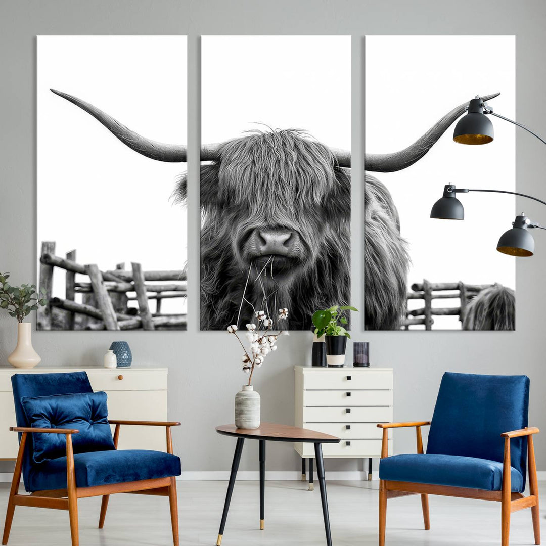 Scottish Highland Cow Wall Art Canvas Print - Black and White Highland Cow Canvas Print, Modern Western Decor for Living Room or Office, Ready to Hang