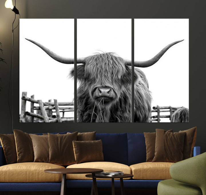 Scottish Highland Cow Wall Art Canvas Print - Black and White Highland Cow Canvas Print, Modern Western Decor for Living Room or Office, Ready to Hang