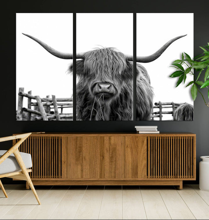 Scottish Highland Cow Wall Art Canvas Print - Black and White Highland Cow Canvas Print, Modern Western Decor for Living Room or Office, Ready to Hang