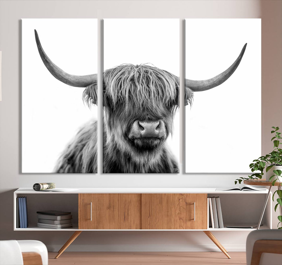 Scottish Highland Cow Wall Art Print - Large Highland Cow Canvas Print for Living Room, Scottish Black Rustic Longhorn Wall Art Decor, Ready to Hang