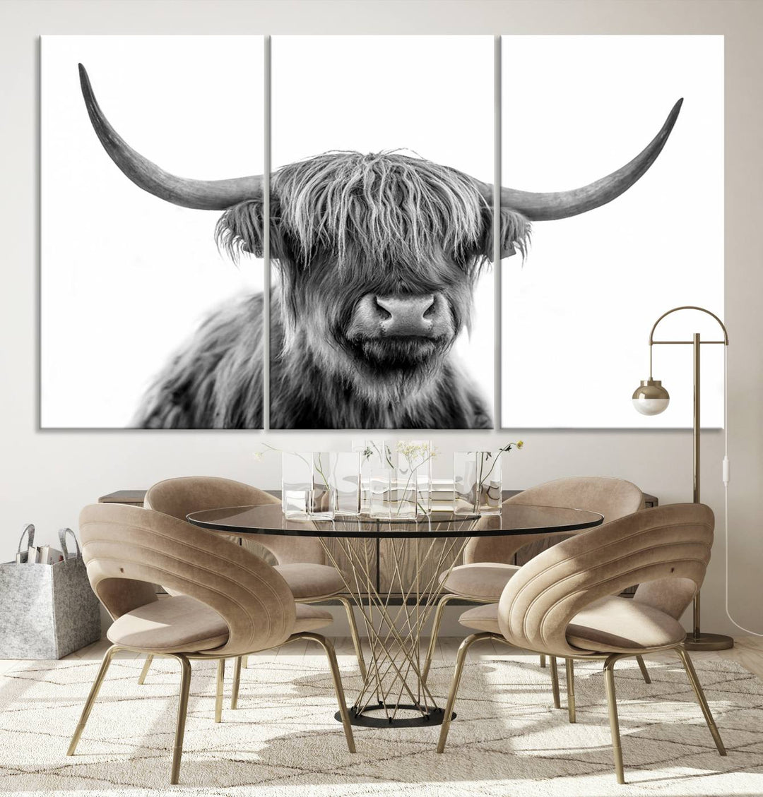 Scottish Highland Cow Wall Art Print - Large Highland Cow Canvas Print for Living Room, Scottish Black Rustic Longhorn Wall Art Decor, Ready to Hang