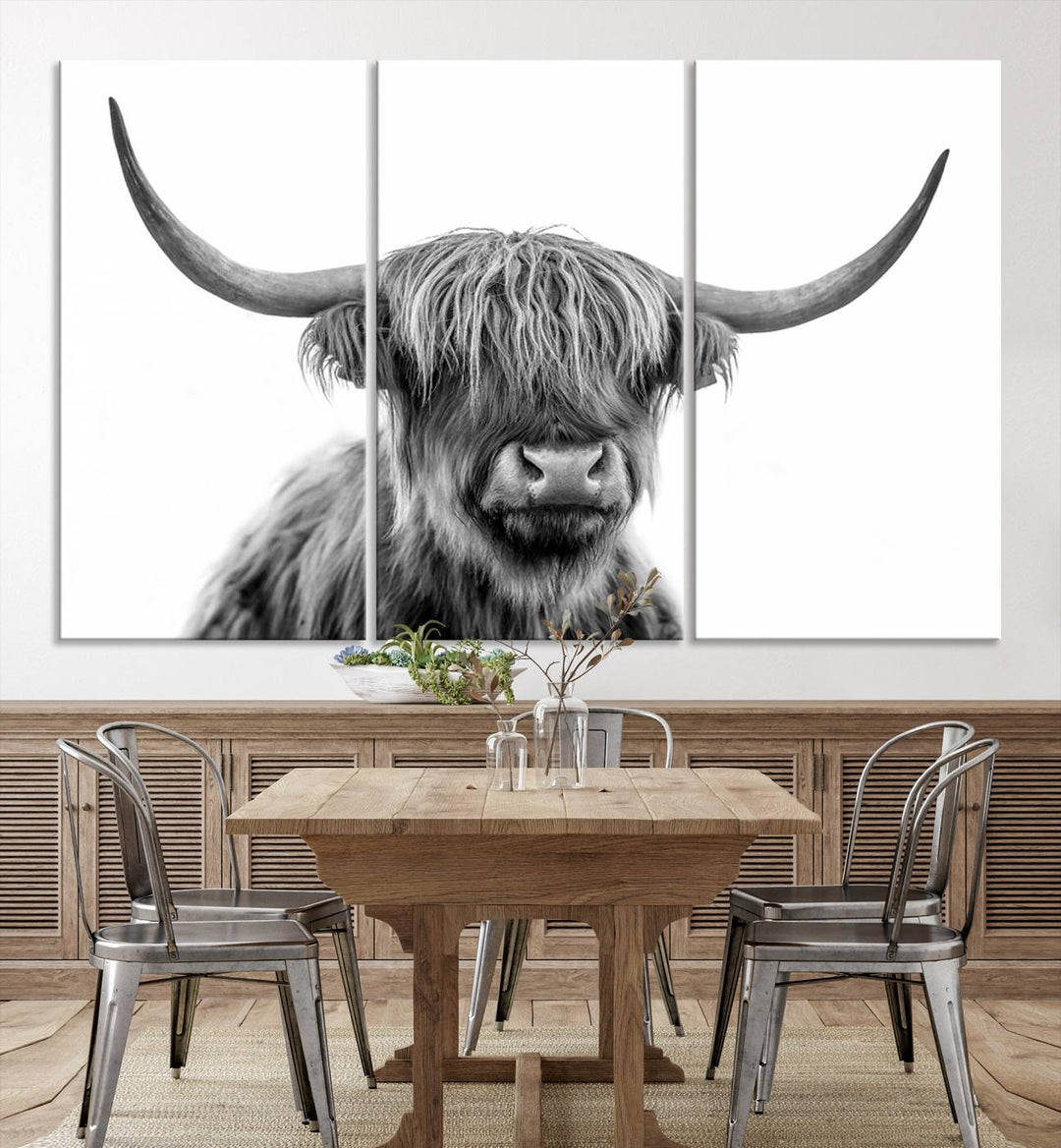 Scottish Highland Cow Wall Art Print - Large Highland Cow Canvas Print for Living Room, Scottish Black Rustic Longhorn Wall Art Decor, Ready to Hang