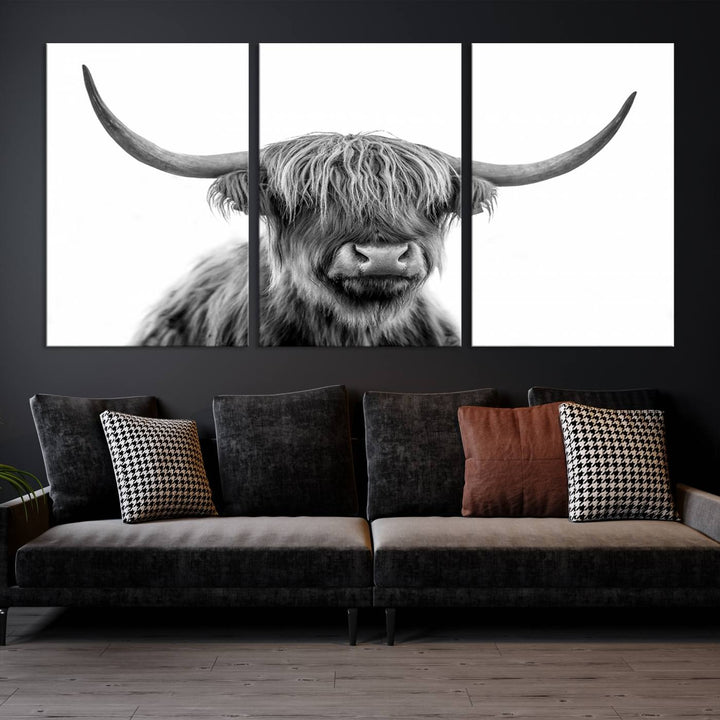 Scottish Highland Cow Wall Art Print - Large Highland Cow Canvas Print for Living Room, Scottish Black Rustic Longhorn Wall Art Decor, Ready to Hang