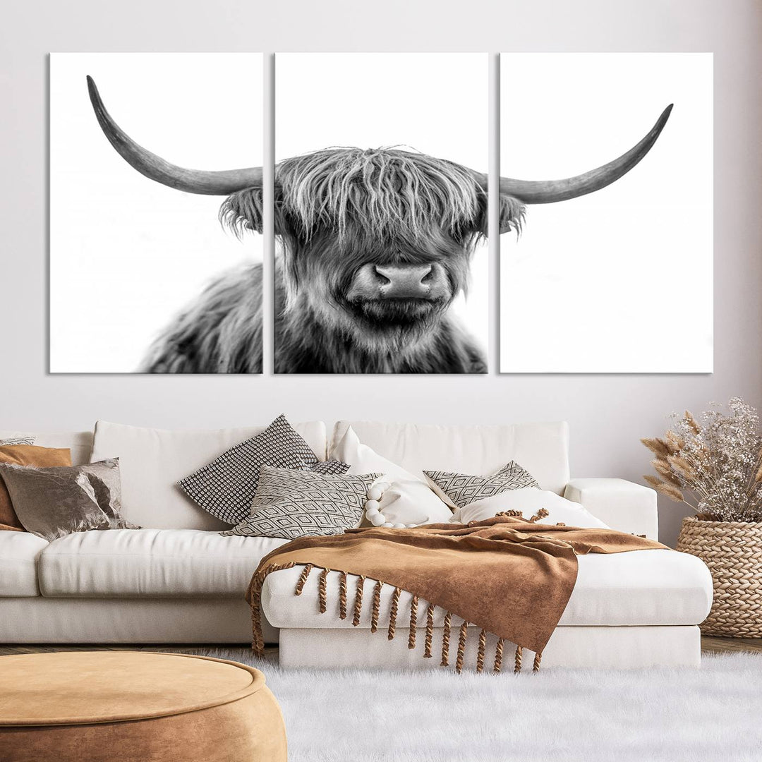 Scottish Highland Cow Wall Art Print - Large Highland Cow Canvas Print for Living Room, Scottish Black Rustic Longhorn Wall Art Decor, Ready to Hang