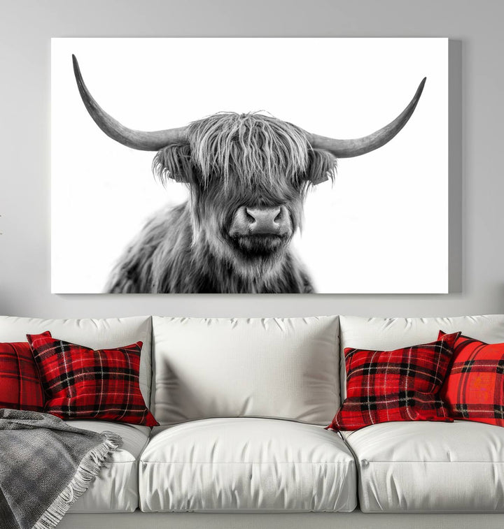 Scottish Highland Cow Wall Art Print - Large Highland Cow Canvas Print for Living Room, Scottish Black Rustic Longhorn Wall Art Decor, Ready to Hang