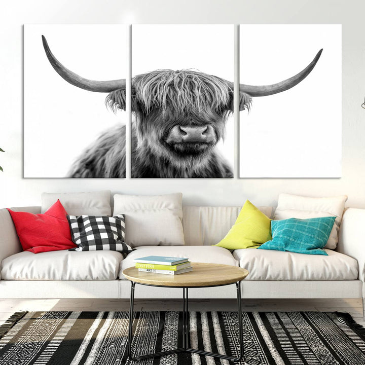 Scottish Highland Cow Wall Art Print - Large Highland Cow Canvas Print for Living Room, Scottish Black Rustic Longhorn Wall Art Decor, Ready to Hang