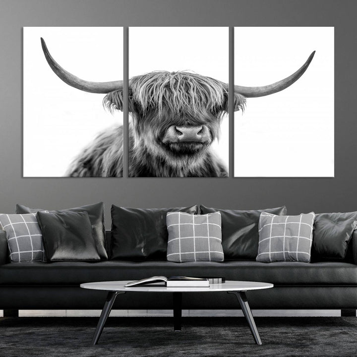 Scottish Highland Cow Wall Art Print - Large Highland Cow Canvas Print for Living Room, Scottish Black Rustic Longhorn Wall Art Decor, Ready to Hang