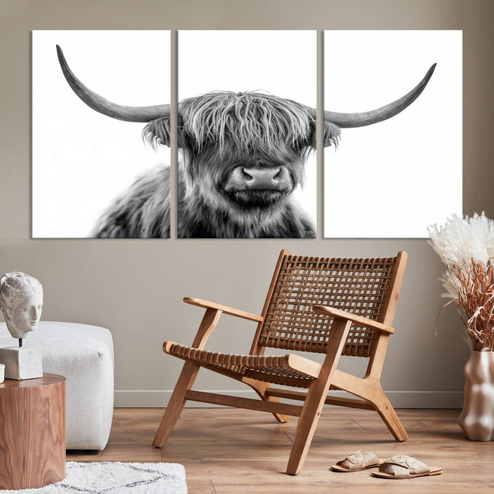 Scottish Highland Cow Wall Art Print - Large Highland Cow Canvas Print for Living Room, Scottish Black Rustic Longhorn Wall Art Decor, Ready to Hang