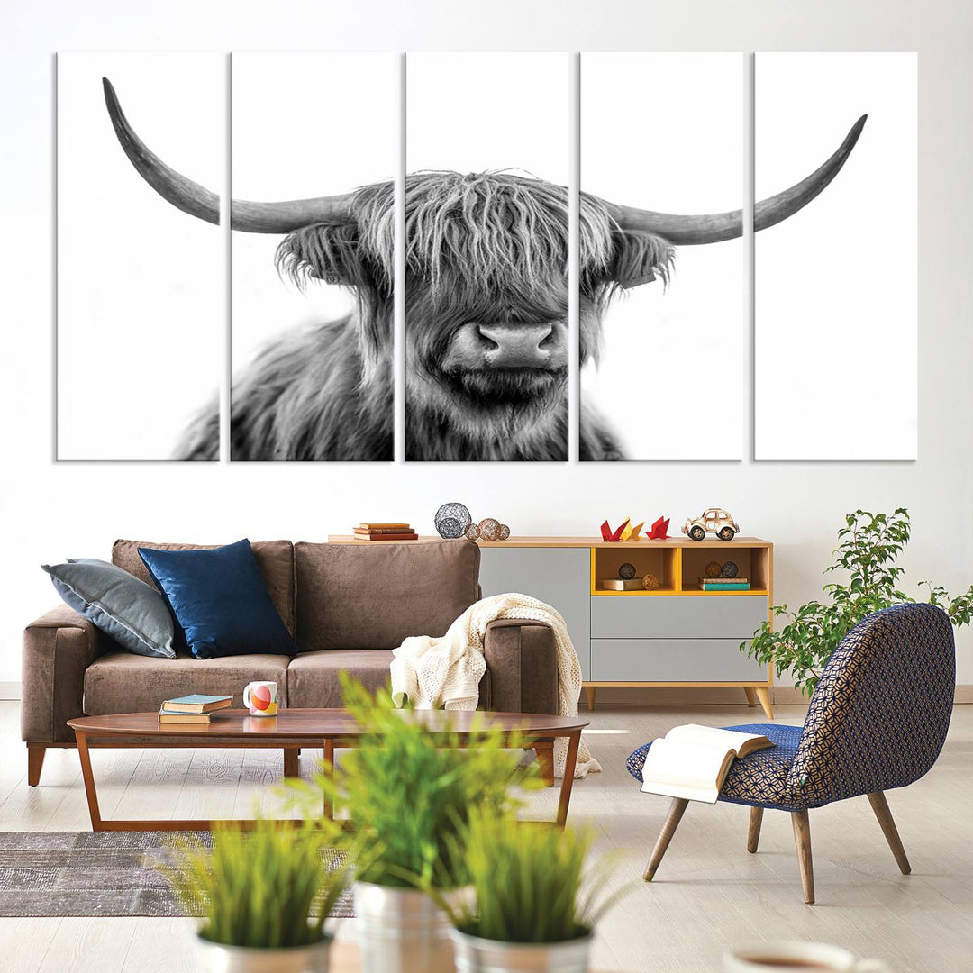 Scottish Highland Cow Wall Art Print - Large Highland Cow Canvas Print for Living Room, Scottish Black Rustic Longhorn Wall Art Decor, Ready to Hang