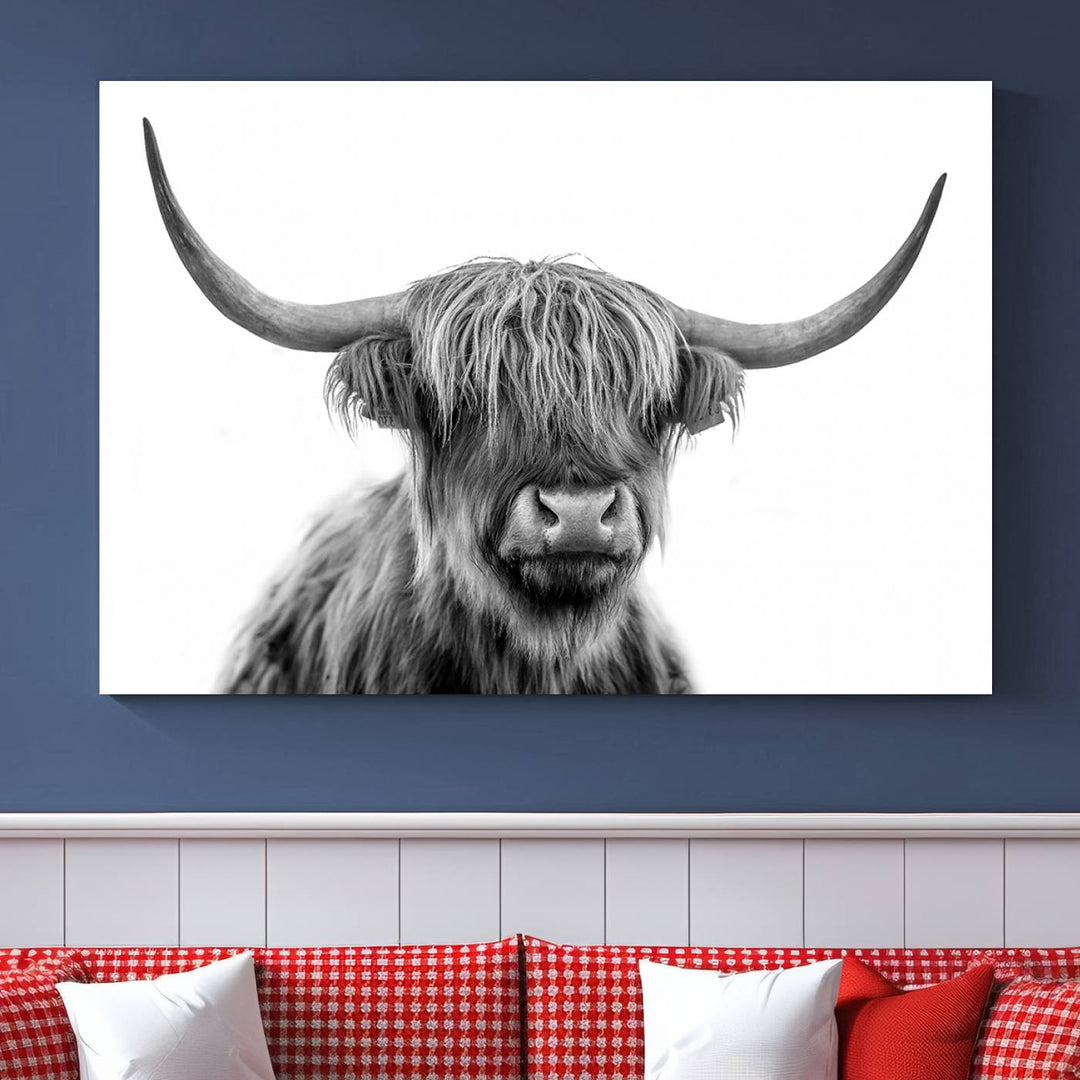 Scottish Highland Cow Wall Art Print - Large Highland Cow Canvas Print for Living Room, Scottish Black Rustic Longhorn Wall Art Decor, Ready to Hang