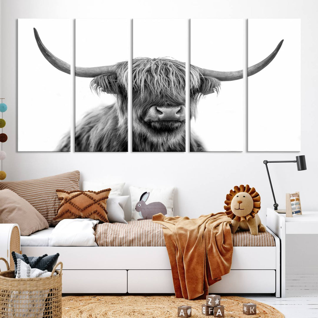 Scottish Highland Cow Wall Art Print - Large Highland Cow Canvas Print for Living Room, Scottish Black Rustic Longhorn Wall Art Decor, Ready to Hang