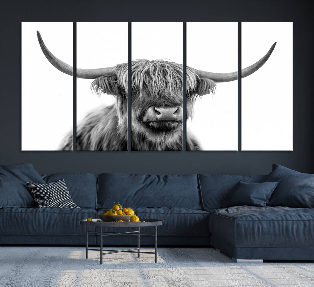 Scottish Highland Cow Wall Art Print - Large Highland Cow Canvas Print for Living Room, Scottish Black Rustic Longhorn Wall Art Decor, Ready to Hang