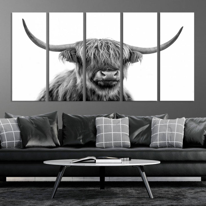 Scottish Highland Cow Wall Art Print - Large Highland Cow Canvas Print for Living Room, Scottish Black Rustic Longhorn Wall Art Decor, Ready to Hang