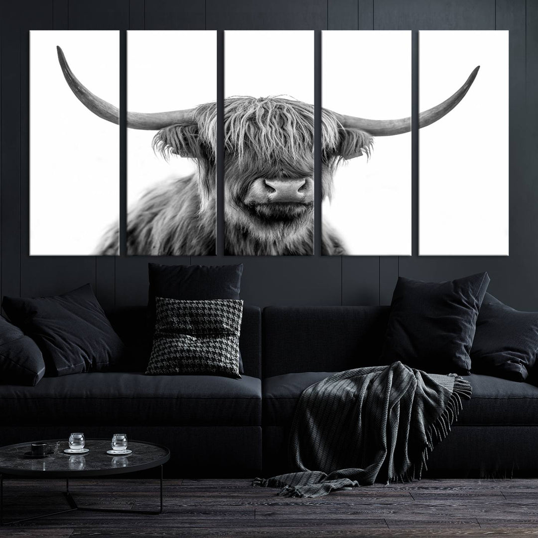 Scottish Highland Cow Wall Art Print - Large Highland Cow Canvas Print for Living Room, Scottish Black Rustic Longhorn Wall Art Decor, Ready to Hang