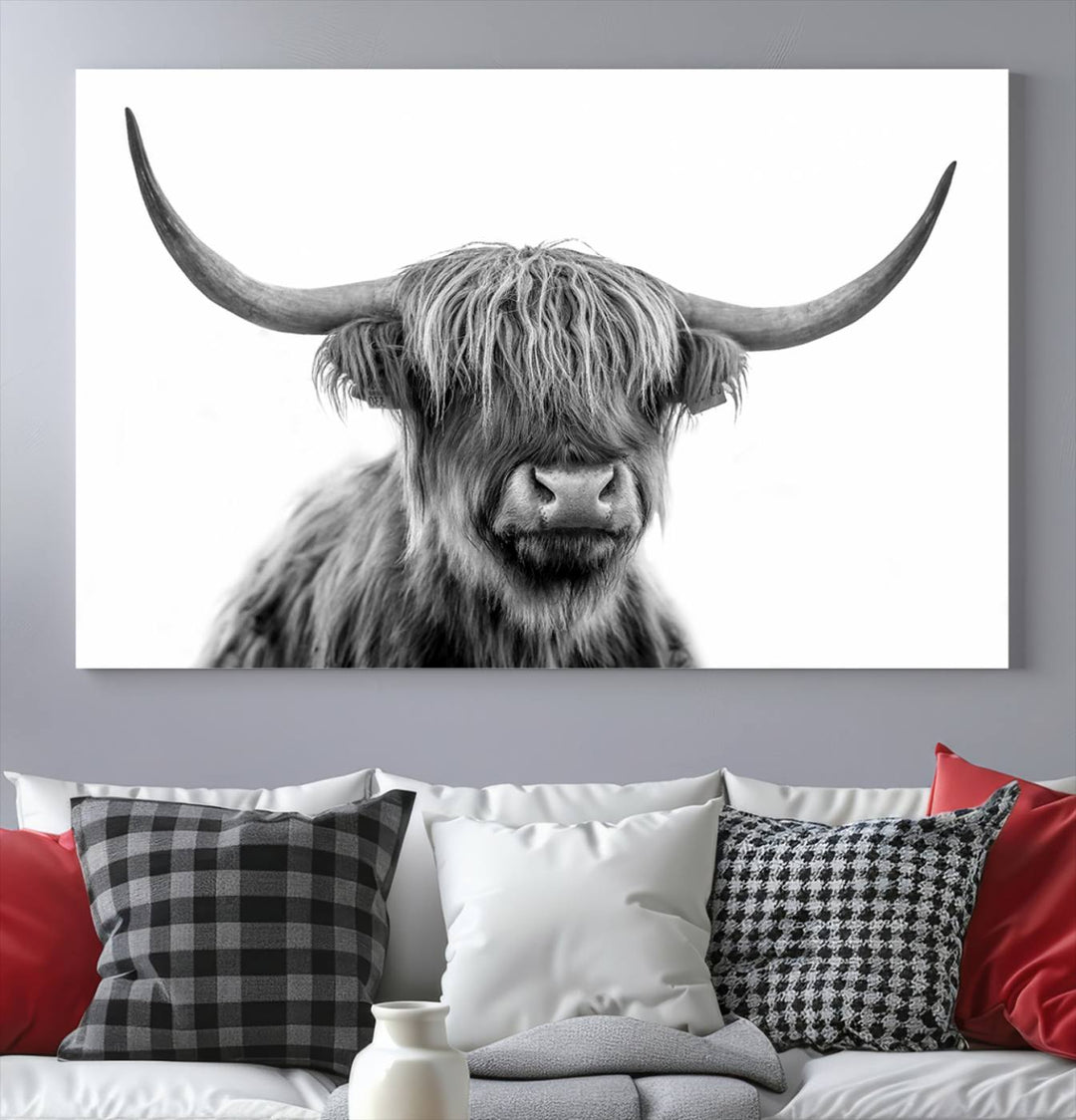 Scottish Highland Cow Wall Art Print - Large Highland Cow Canvas Print for Living Room, Scottish Black Rustic Longhorn Wall Art Decor, Ready to Hang