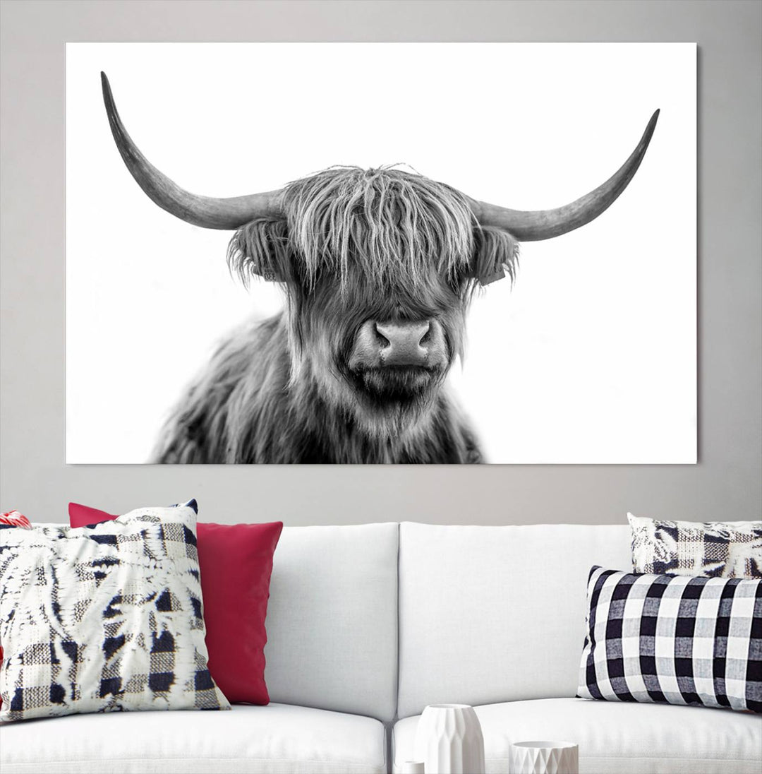 Scottish Highland Cow Wall Art Print - Large Highland Cow Canvas Print for Living Room, Scottish Black Rustic Longhorn Wall Art Decor, Ready to Hang