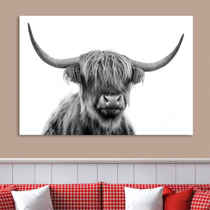 Scottish Highland Cow Wall Art Print - Large Highland Cow Canvas Print for Living Room, Scottish Black Rustic Longhorn Wall Art Decor, Ready to Hang