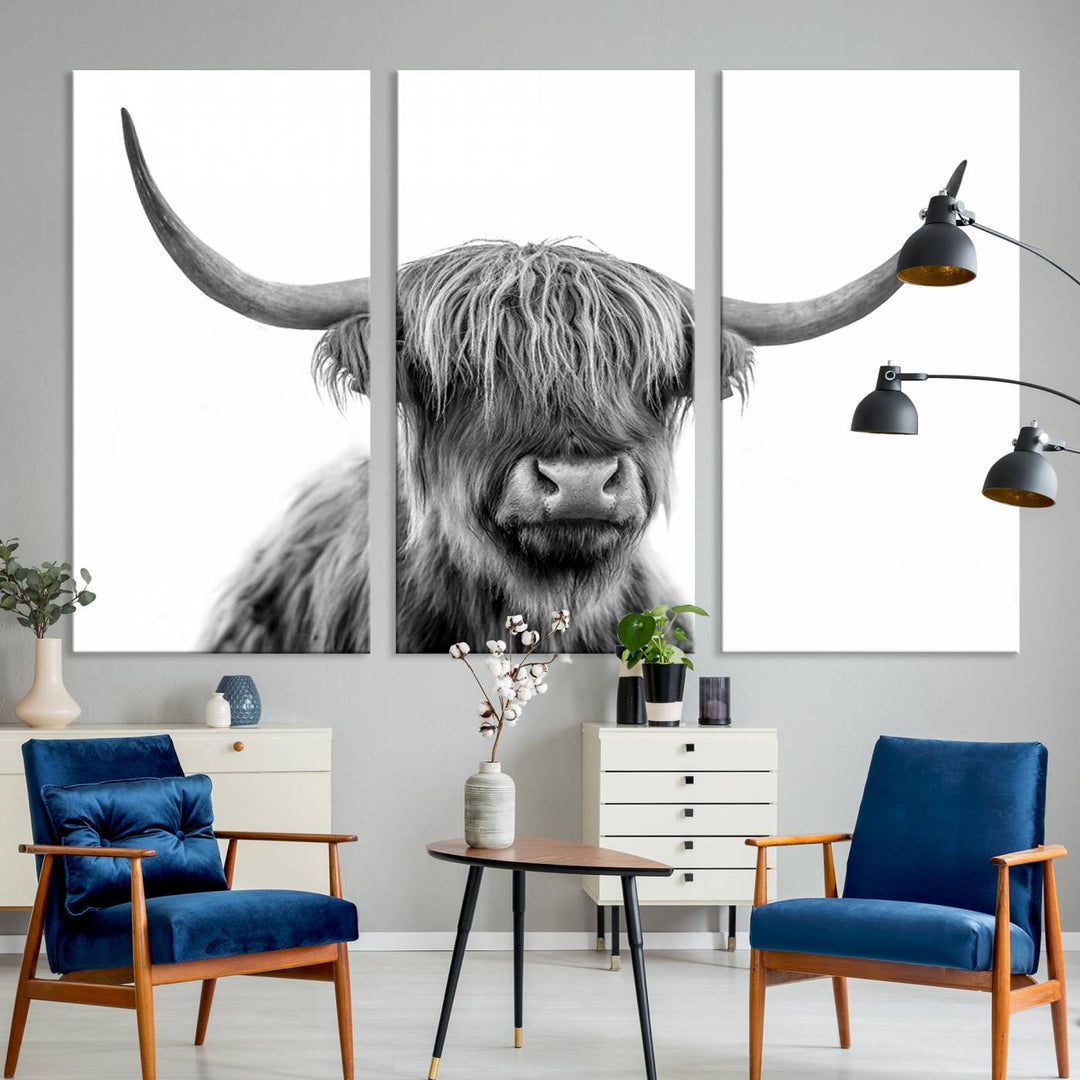 Scottish Highland Cow Wall Art Print - Large Highland Cow Canvas Print for Living Room, Scottish Black Rustic Longhorn Wall Art Decor, Ready to Hang