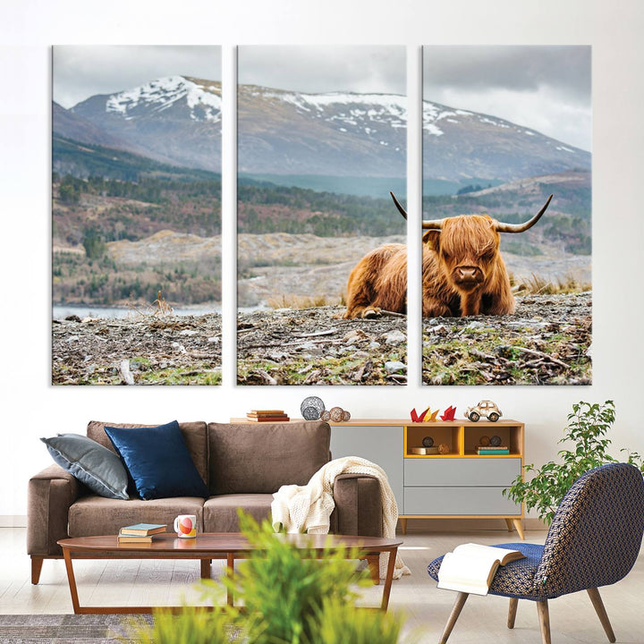 Scottish Highland Cow Wall Art Print - Large Highland Cow Canvas Print with Mountain Landscape, Rustic Farmhouse Decor for Living Room, Ready to Hang