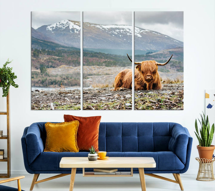 Scottish Highland Cow Wall Art Print - Large Highland Cow Canvas Print with Mountain Landscape, Rustic Farmhouse Decor for Living Room, Ready to Hang